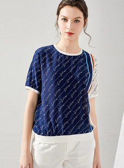 Women Short Sleeve Patchwork Silk T-shirt