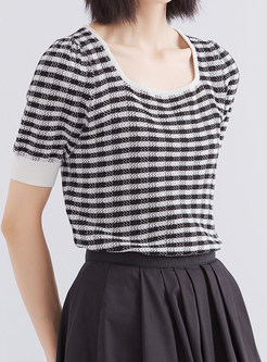 Square Neck Plaid Short Sleeve Knit Tops for Women