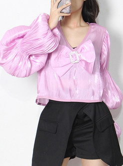 Women V-Neck Puff Sleeve Blouses With Bowknot