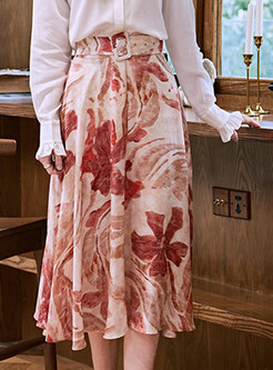 Women Silk Floral Print Flutter Midi Skirts
