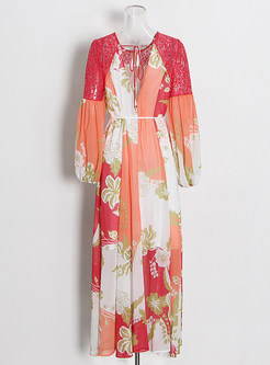 Boho Lace Splicing Print Long Dresses With Belt