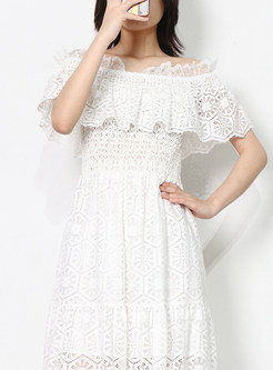 Off-The-Shoulder Openwork Embrodiery Long Blouson Dresses