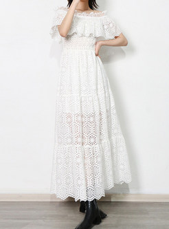 Off-The-Shoulder Openwork Embrodiery Long Blouson Dresses