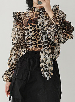 Mock Neck Puff Sleeve Leopard Print Blouses for Women