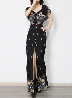 Sexy Flowers Embroidered Cut Out Long Prom Dresses