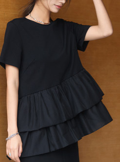 Crew Neck Patch Ruffle Tees for Women