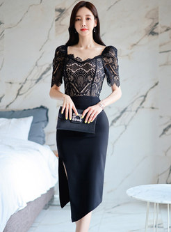 Square Neck Lace Tops & Tight Skirts
