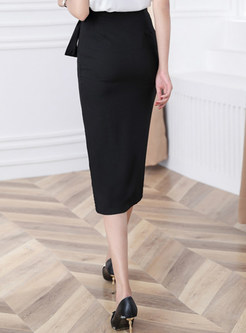 Women Office Side Slit Tight Skirts With Bowknot