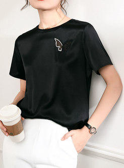 Women Short Sleeve Silk Butterfly T-shirt
