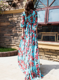 Deep V-Neck Flare Sleeve Floral Print Long Beach Dresses