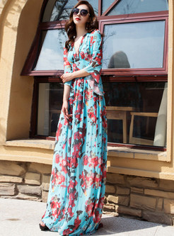 Deep V-Neck Flare Sleeve Floral Print Long Beach Dresses