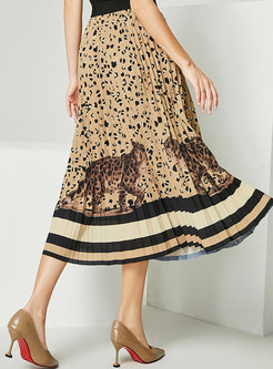 High Waisted Pleated Leopard Print A-Line Skirts