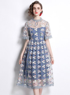 Casual Short Sleeve Floral Embroidery Skater Dress