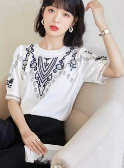 Women Casual Short Sleeve Embroidery T-shirt