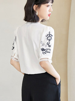Women Casual Short Sleeve Embroidery T-shirt