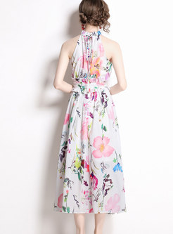 Off Shoulder Chiffon Floral Print Maxi Dress