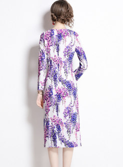 Women Long Sleeve Print Casual Midi Dress