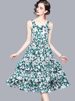 Women Summer Floral Print Chiffon Skater Dress