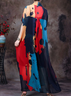 V-Neck Print Asymmetrical Long Dresses With Bowknot