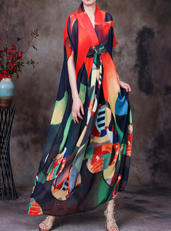 V-Neck Print Asymmetrical Long Dresses With Bowknot