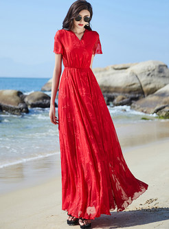 V-Neck Elasticated Waist Red Maxi Dresses