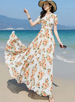 Sweet Floral Print Flutter Long Dresses