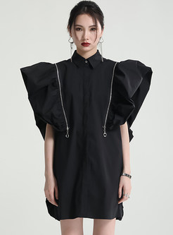 Shirt Collar Ruffle Sleeve Black Mini Dresses
