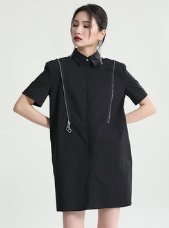 Shirt Collar Ruffle Sleeve Black Mini Dresses