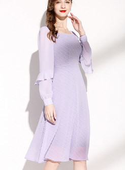 Square Neck Long Sleeve Purple Skater Dress