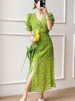 V-Neck Floral Print Silk Maxi Dress