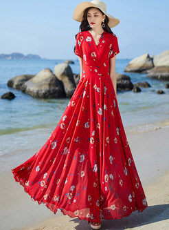 Pretty V-Neck Floral Big Hem Beach Dresses