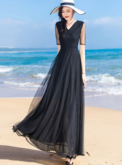 Summer Mesh Short Sleeve Long Beach Dresses
