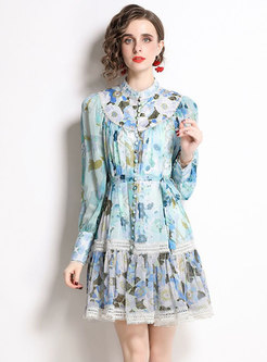 Vintage Long Sleeve Floral Print Skater Short Dress