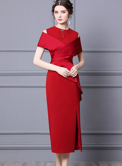 Short Sleeve Wrap Waist Party Red Dress