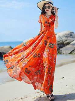 Hot V-Neck Floral Print Chiffon Long Dresses