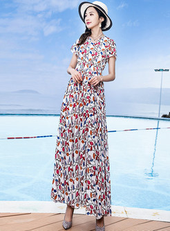 V-Neck Beach Elastic Waist Print Maxi Dresses