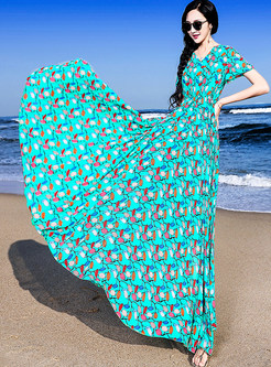 V-Neck Beach Elastic Waist Print Maxi Dresses