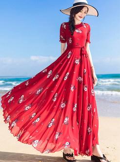 Floral Print Short Sleeve Tie Waist Long Beach Dresses