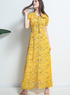 Short Sleeve Floral Print Summer Maxi Yellow Dress