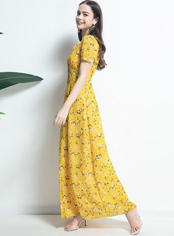 Short Sleeve Floral Print Summer Maxi Yellow Dress