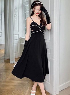 Summer Pearl Decoration Black Party Dress