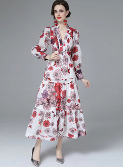 Women Long Sleeve Deep V-Neck Floral Print Maxi Dress