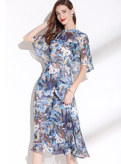 Summer Floral Print Chiffon Midi Dress