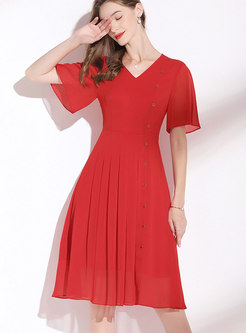 Summer Short Sleeve Red Chiffon Dress