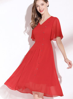 Summer Short Sleeve Red Chiffon Dress