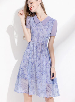 Short Sleeve Print Purple Chiffon Dress