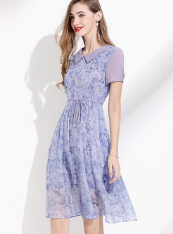 Short Sleeve Print Purple Chiffon Dress