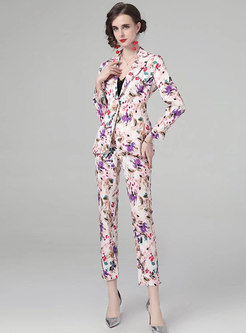 Women Vintage Floral Slim Pant Suit