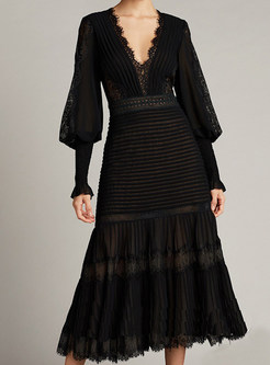 Elegant Deep V-Neck Long Sleeve Black Midi Dresses
