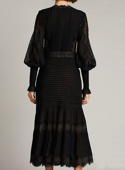Elegant Deep V-Neck Long Sleeve Black Midi Dresses